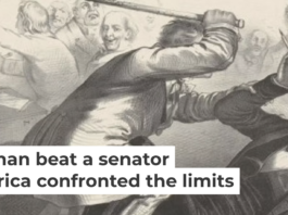 In John Magee’s print, Preston Brooks wields a cane against Charles Sumner, who is clutching a pen and a rolled-up speech. John L. Magee, The New York Public Library